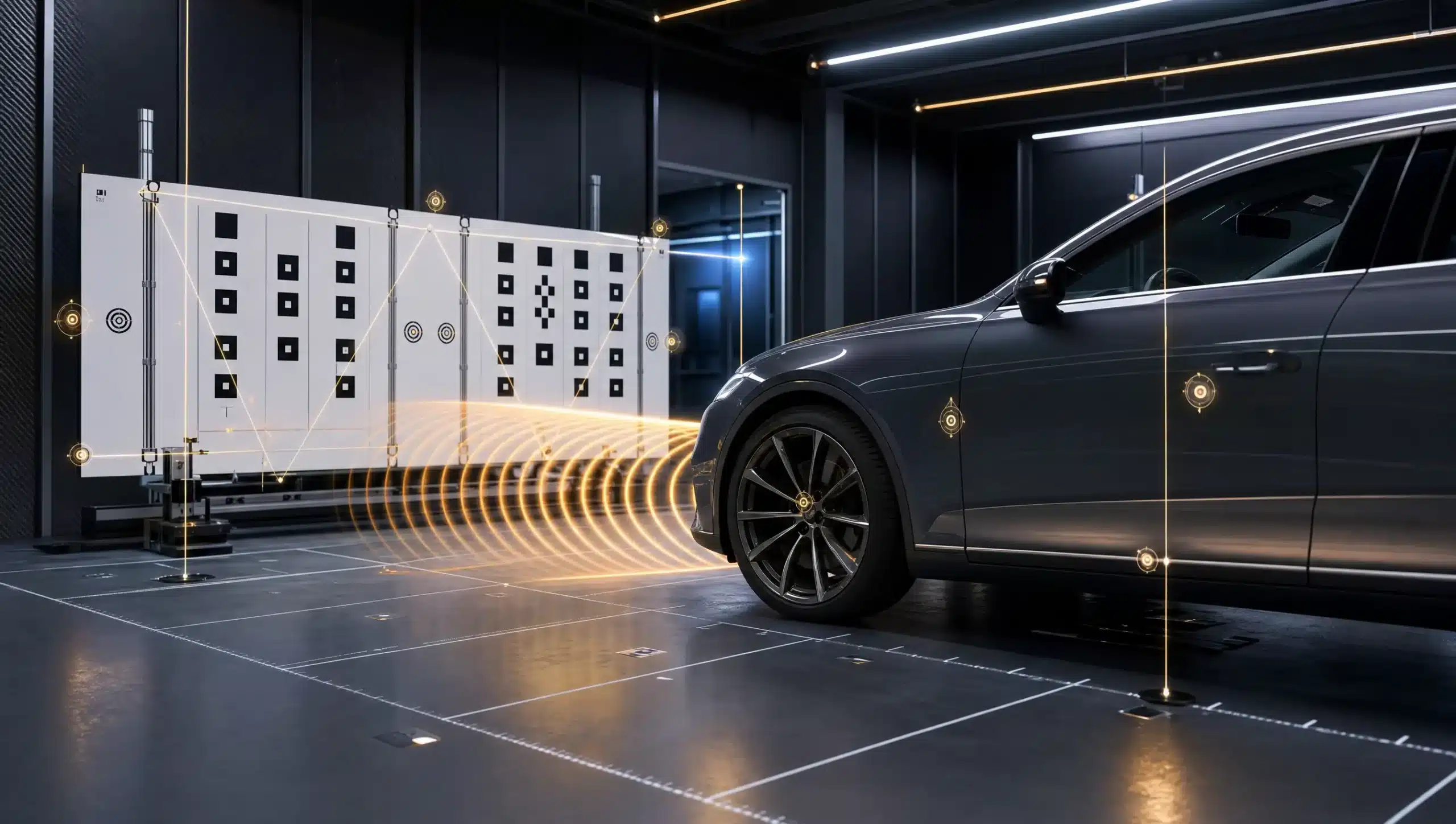 ADAS calibration bay with radar waves and alignment targets