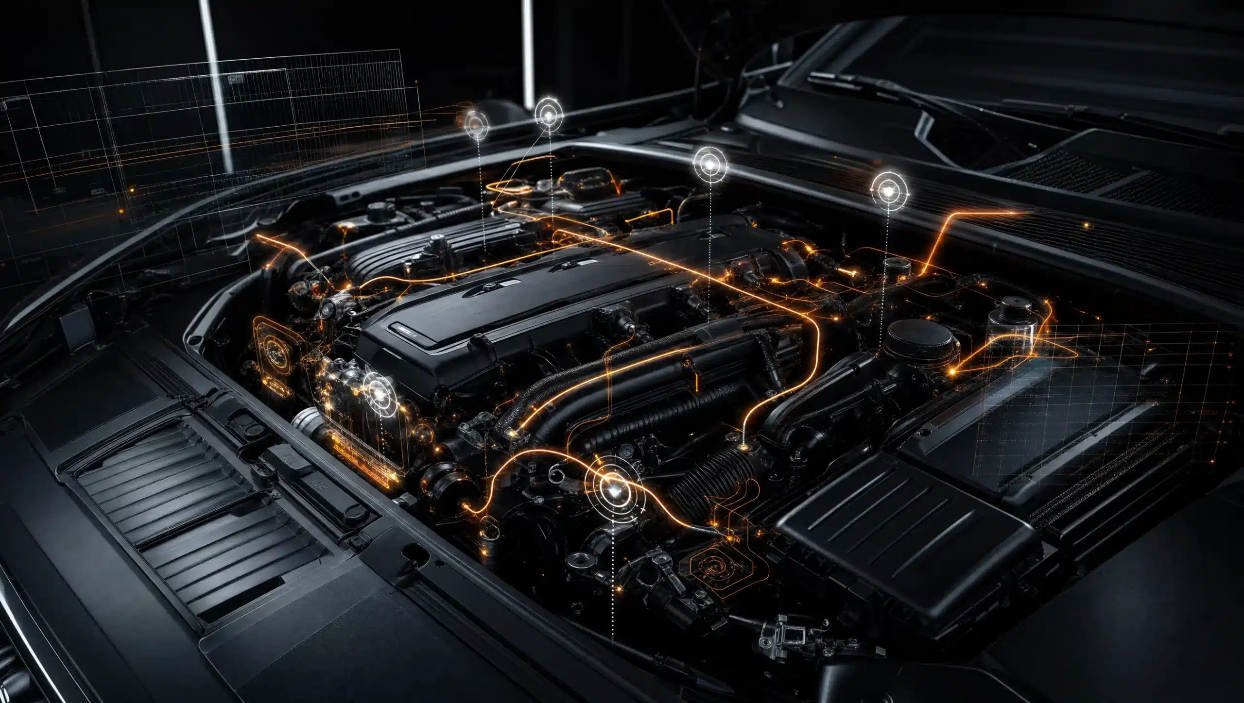 Engine bay with diagnostic scan overlays and papaya sensor paths