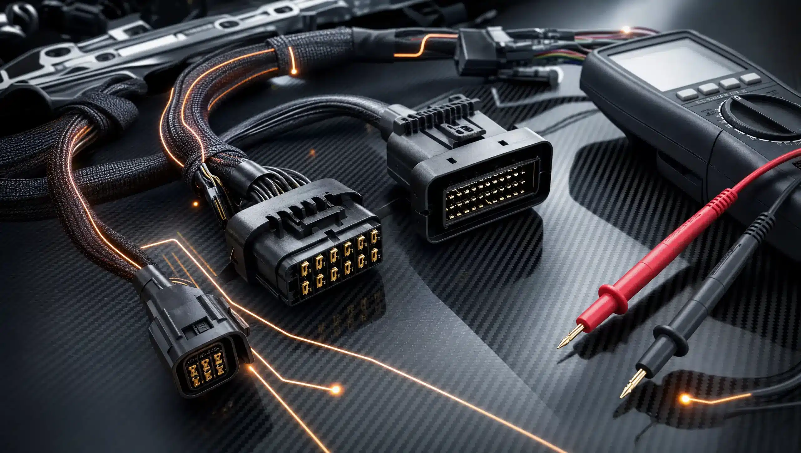 Wiring harnesses and connectors with glowing circuit trace lines