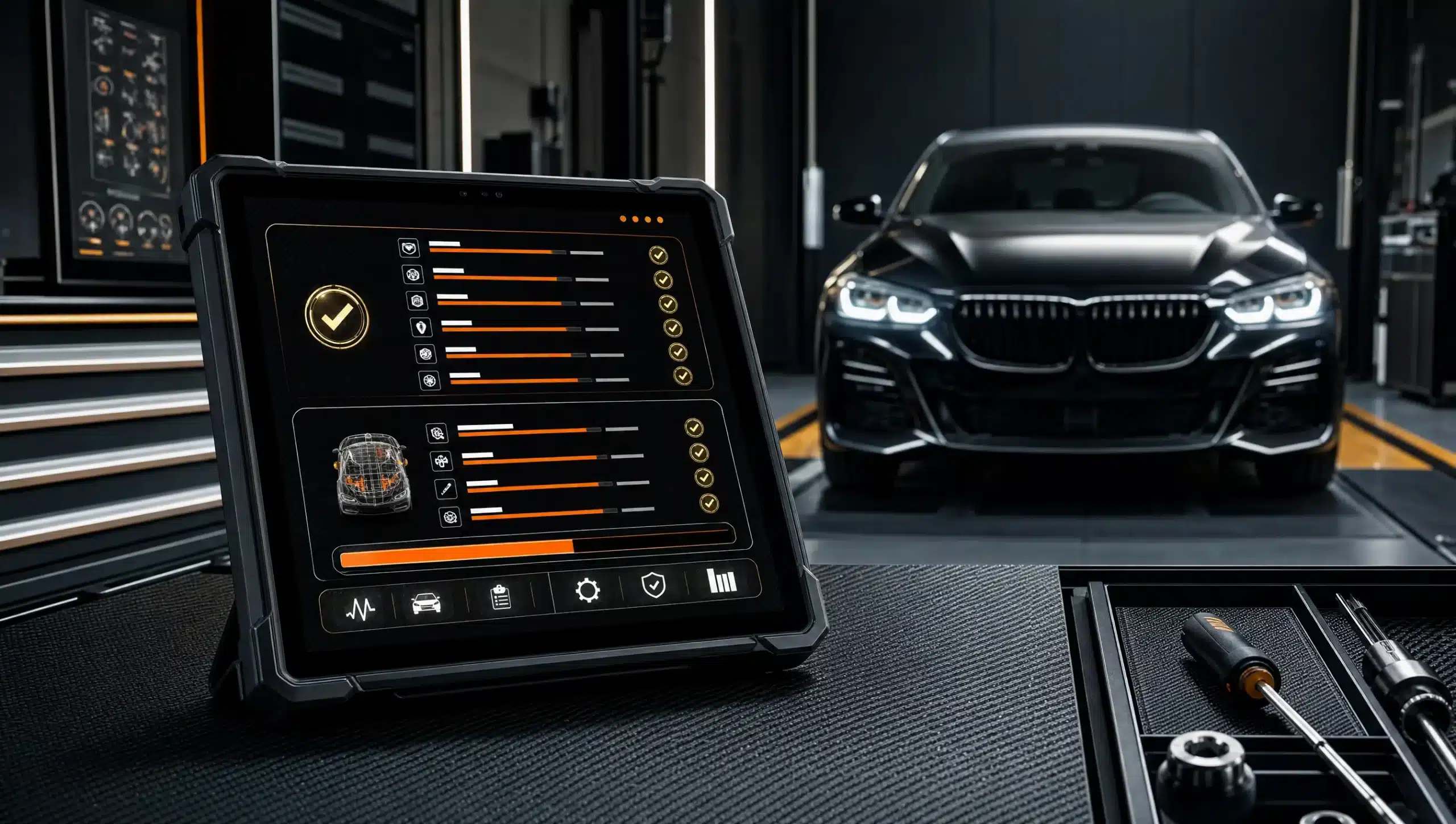Diagnostic tablet with vehicle health report and verification icons