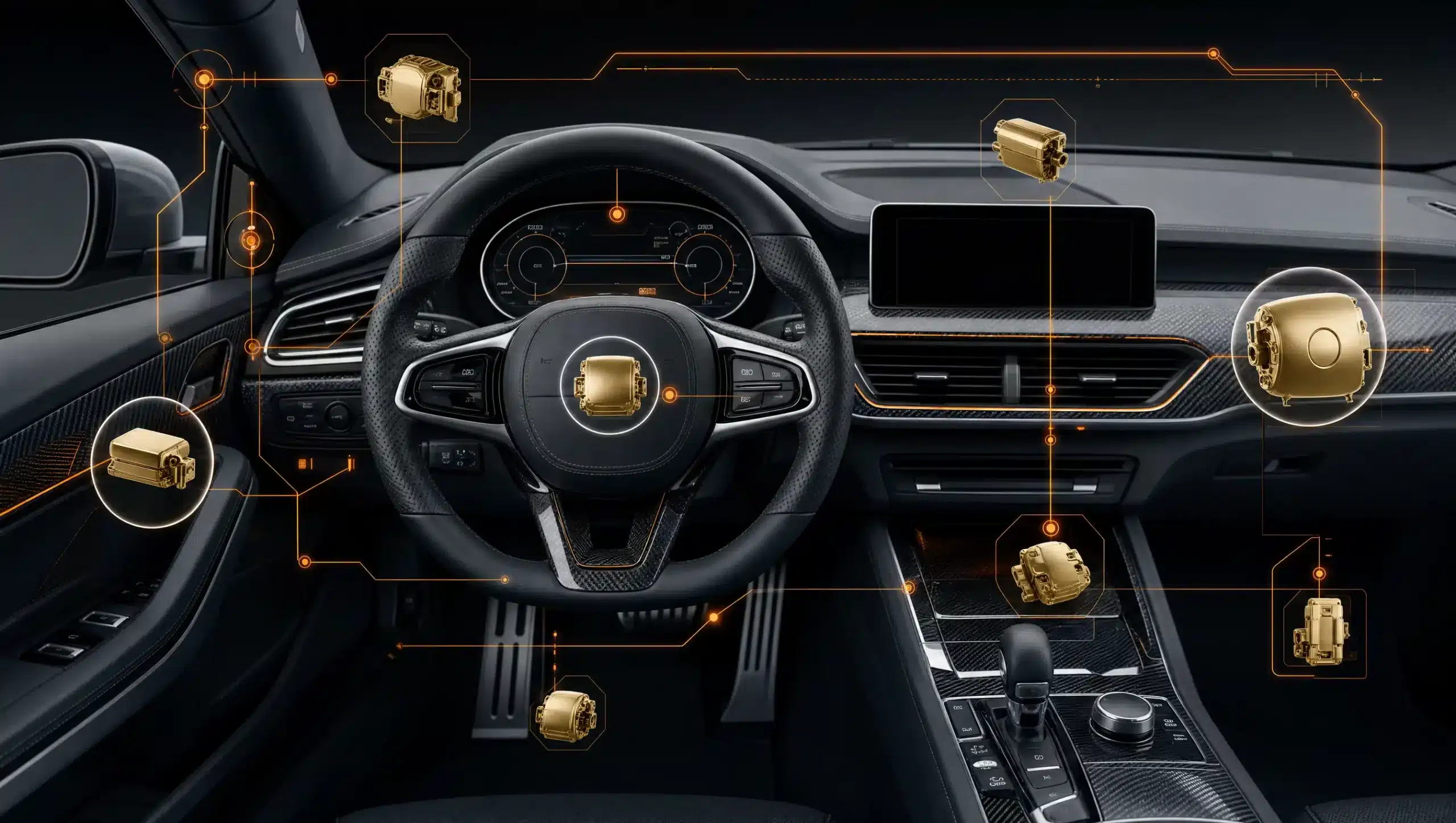 Vehicle dashboard and steering wheel with airbag safety system graphics