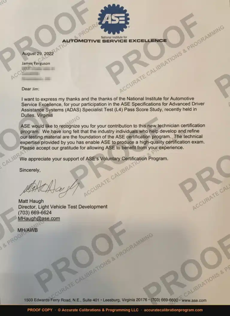 Letter from the National Institute for Automotive Service Excellence dated August 29, 2022, thanking Jim Ferguson for participating in the ADAS Specialist Test L4 Pass Score Study, marked as a proof copy